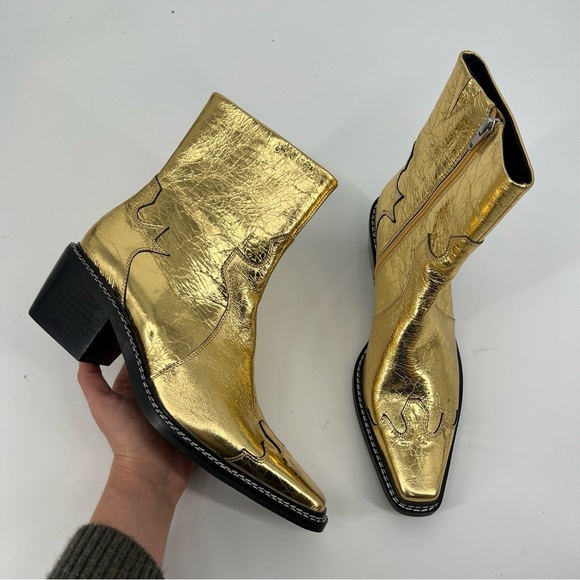 Caverly Kylie Western Gold Metallic Leather Block Heel Cowboy Ankle Booties 40 - Picture 2 of 11